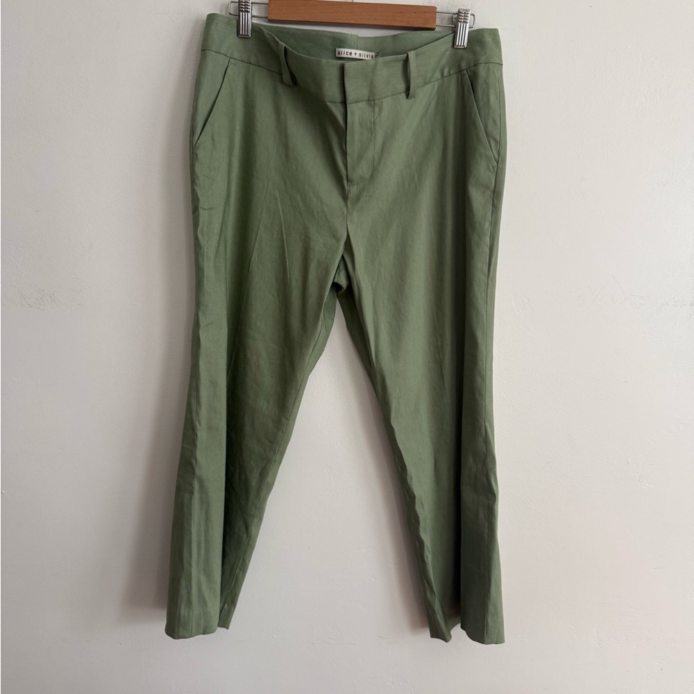 Alice + Olivia Light Olive Green Linen Blend Tailored Pants Size 12